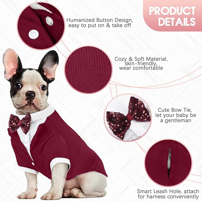 Kuoser Dog Tuxedo,Dog Wedding Suit with Bow Tie Formal Dogs Tux Pet Wedding Party Birthday Costume,Doggy Valentines Christmas Halloween Graduation Outfit Cosplay for Small Medium Large Dogs,Red 2XL