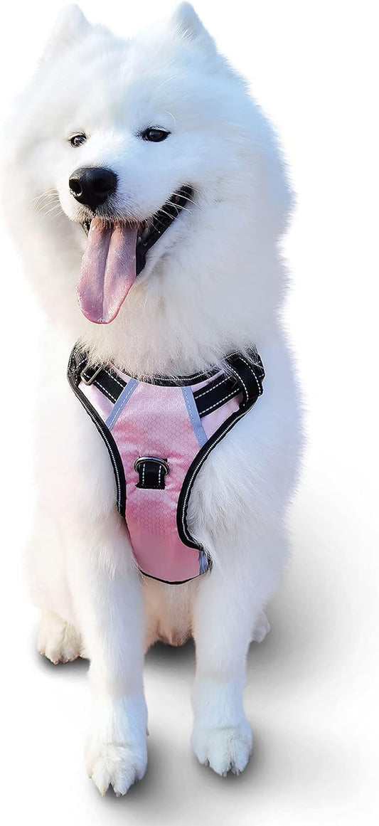 No Pull Dog Harness, Reflective Walking Dog Harness with Easy Control Handle and Front & Back Clips,Adjustable Breathable Soft Padded Dog Vest Harness for Large Medium Small Dogs, Pink,L