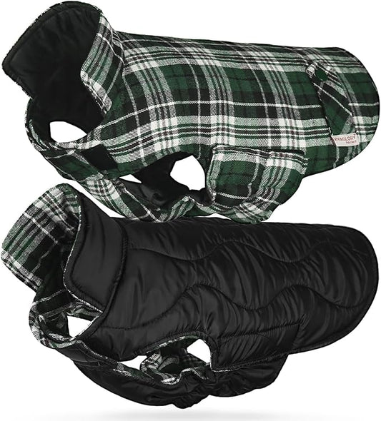 VIVAGLORY SoftJoy Dog Winter Coat - British Style Plaid Jacket & Vest for Snow, Cold Weather - Heavy Duty, Warm & Cozy, Reversible - M Green