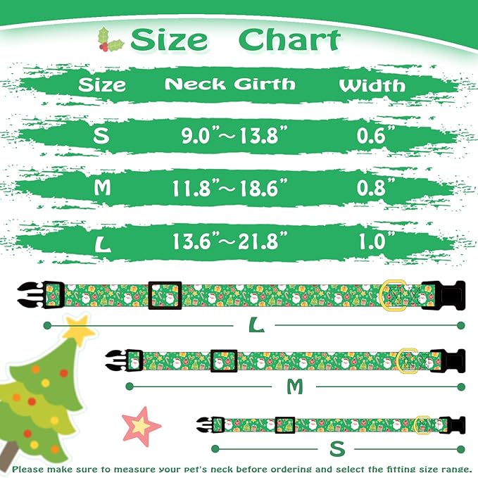 Green Christmas Dog Collar for Small Medium Large Dogs Special Design Cute Green Christmas Dog Collar for Girl Boy Dogs Soft Adjustable Christmas Trees Charm Puppy Collars for Male Dogs S