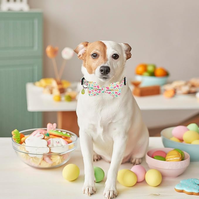 ADOGGYGO Easter Dog Collar with Detachable Bow, Adjustable Easter Bunny Bowtie Collar for Small Medium Large Dogs (Medium)