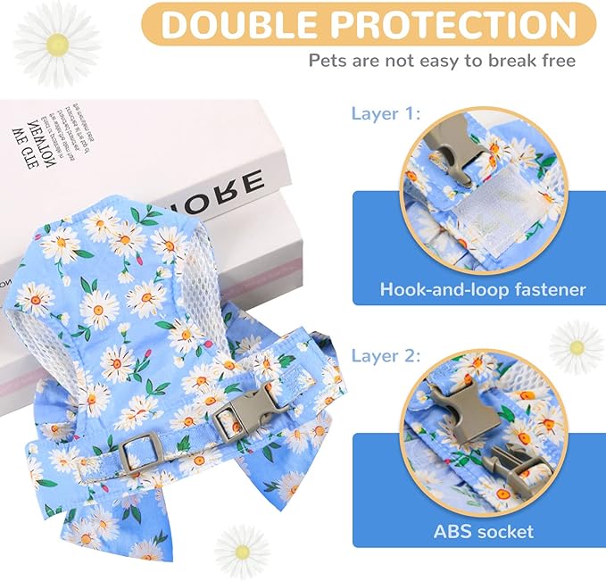 BAEJMJK Dog Harness and Leash Set with Bow Knot No Pull Pet Daisy Floral Harness with D-Ring Soft Mesh Dog Harness Vest Set Escape Proof Princess Puppy Harness for Small Girl Dogs Cats（Blue B L）