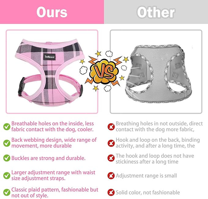 SCENEREAL Puppy Dog Harness with Leash Set for Small Medium Sized Dogs, Soft Mesh Step in Pet Harnesses and Leash, No Chock Plaid Adjustible No Pull Vest for Dogs Cats, Chihuahua,Bulldog (Pink M)