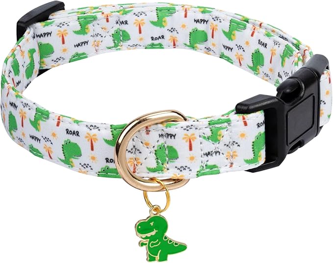 Cotton Dog Collar,Adjustable Cute Puppy Collar with Moon Patterned Design for Small Medium Large Dogs,Soft and Fancy Pet Collar with Safety Buckle for Girl Boy Dogs (Green Dinosaur, L)