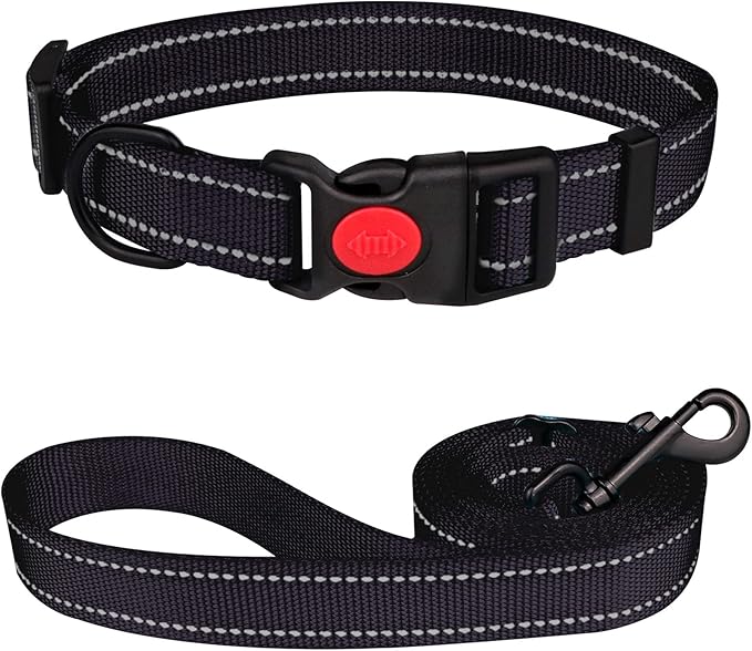 Reflective Dog Collar and Leash Set with Safety Locking Buckle Nylon Pet Collars Adjustable for Small Medium Large Dogs 3 Sizes(Black&L)