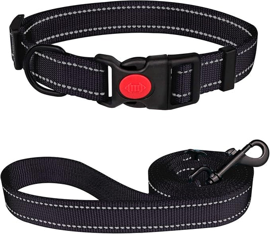 Reflective Dog Collar and Leash Set with Safety Locking Buckle Nylon Pet Collars Adjustable for Small Medium Large Dogs 3 Sizes(Black&L)