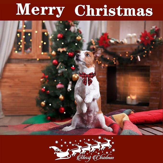 Unique style paws Christmas Dog Collar with Bow Tie Classic Red Plaid Puppy Collar for Small Medium Large Dogs as Holiday Winter Gifts-M
