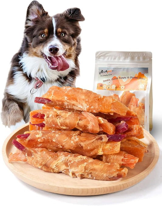 ASMPET Sweet Potato Dog Treats, Chicken Jerky Wrapped Orange Purple Sweet Potato with Taurine High Protein Low Fat Rawhide-Free Soft Chewy Easily Digestible for Small Medium Large Breeds 10.6 oz