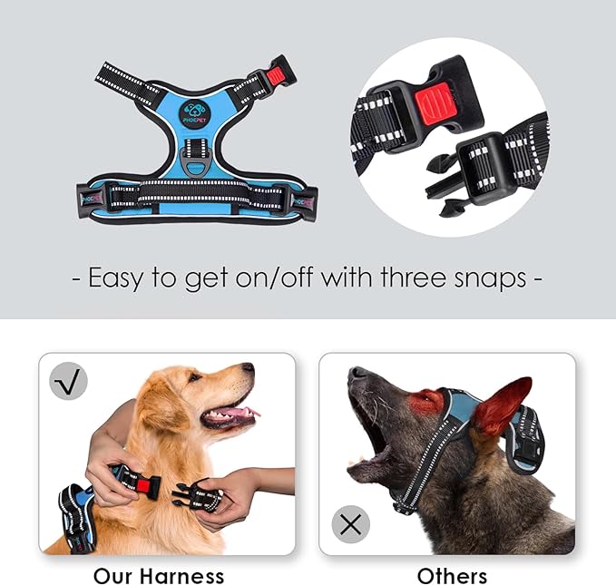 PHOEPET Reflective Dog Harness Large Breed Adjustable No Pull Vest with Handle 2 Metal Rings 3 Buckles [Easy to Put on & Take Off](XL, Blue)