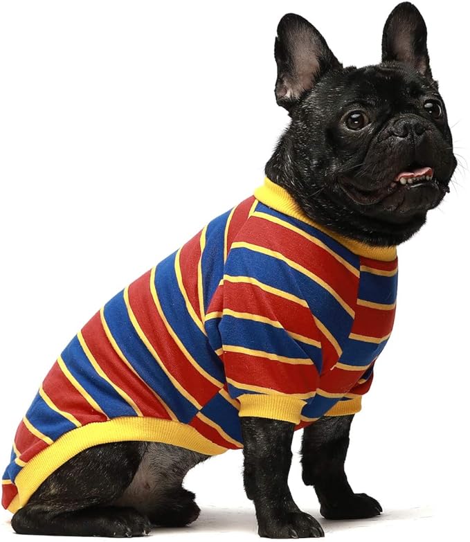 Fitwarm 2 Pack Striped Dog Shirt, Summer Dog Clothes for Small Dogs Boy, Breathable Pet Tshirt, Stretchy Cat Outfit, 103% Cotton, Black and White, Royal Blue and Yellow, Large