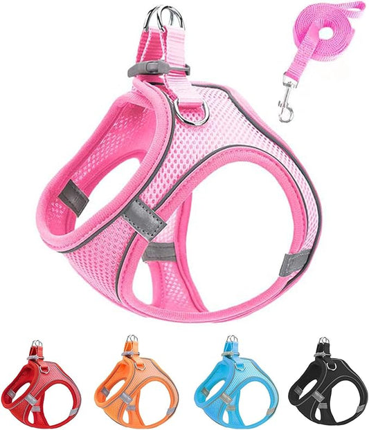 XXXS Pink Soft Mesh Dog Harness and Leash Set,No Escape Puppy Harnesses for Training Walking， Reflective Adjustable Puppy Vest for Small Medium Dogs, Cats (Pink, XXXS)