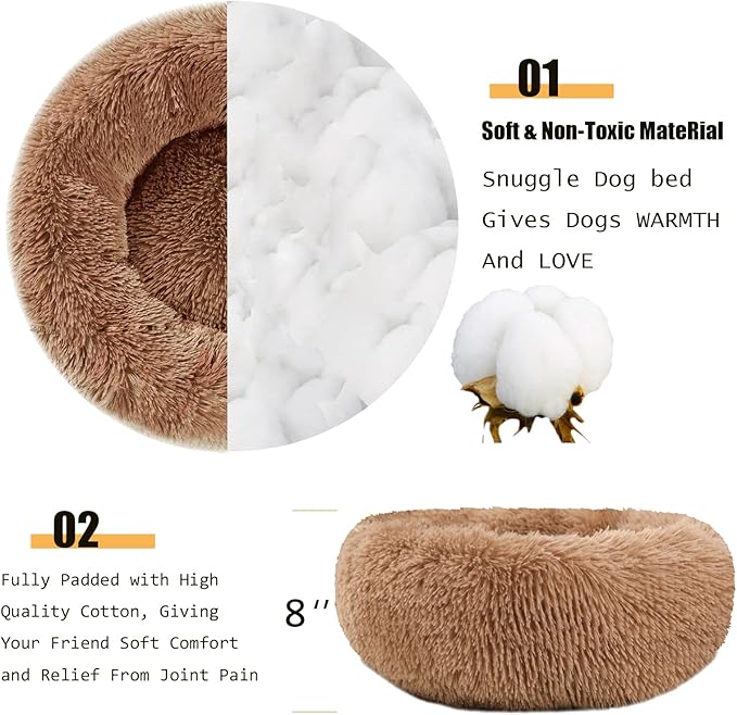 Dog Calming Beds for Small Medium Large Dogs - Round Donut Washable Dog Bed, Anti-Slip Faux Fur Fluffy Donut Cuddler Anxiety Cat Bed(36" Khaki)