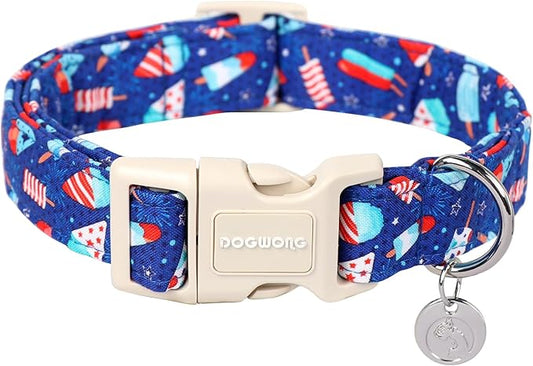 DOGWONG Cotton Dog Collar - Summer Popcile Soft Natural Fabric Puppy Necklace for Small to Large Dogs - Blue Ice Cream Pattern
