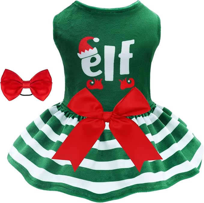 CuteBone Elf Dog Dresses Velvet Holiday Small Dogs Clothes Onesie Pet Apparel Girl Puppy Skirt with Bow Hair Rope CVA55L-D