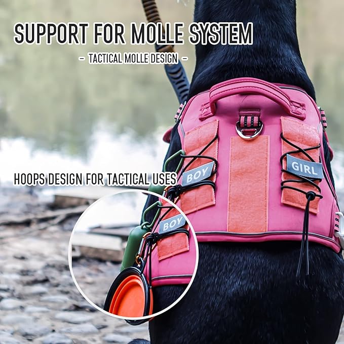 Tactical Dog Harness for Medium Large Dogs, Pink Dog Harness with ID Card, Reflective Hiking Harness for Training Easy Control Dog Vest with Handle Pink