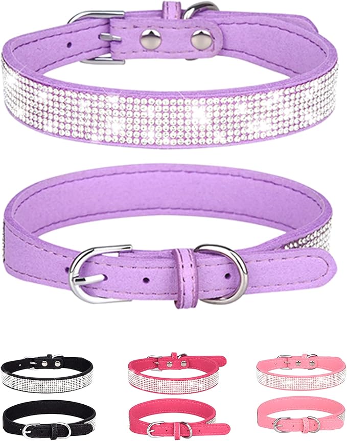 Dog Collar for Small Dogs, Adjustable Leather Suede Bling Dog Collars，Purple Dog Collar Cat Collar, Rhinestone Dog Collar.