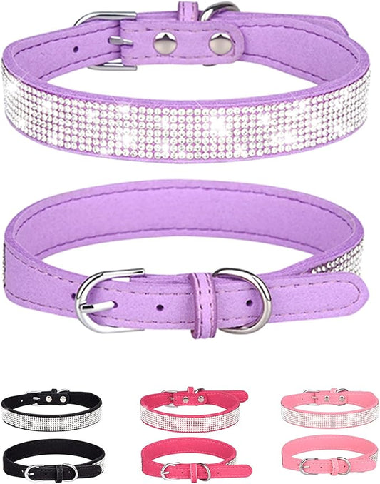 Dog Collar for Medium Dogs, Adjustable Leather Suede Bling Dog Collars，Rose Red Dog Collar Cat Collar, Rhinestone Dog Collar (M, Purple)