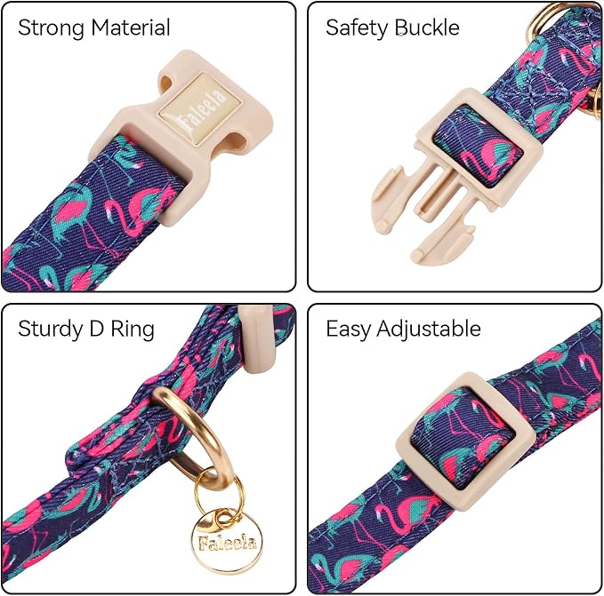 Faleela Dog Collar - Cute & Comfy Cotton Pet Collar, Adjustable Lightweight Design with Quick-Release Buckle, for Small, Medium & Large Dogs - Multiple Styles Available (Flamingo, Small)