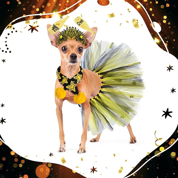 3 Pcs New Year Dog Costume Set Including Wine Glass Headband Happy New Year Dog Tutu Dress Cute Pet Tutu Gold and Black Star Pet Scarf for Medium Animal Holiday Outfit Accessory