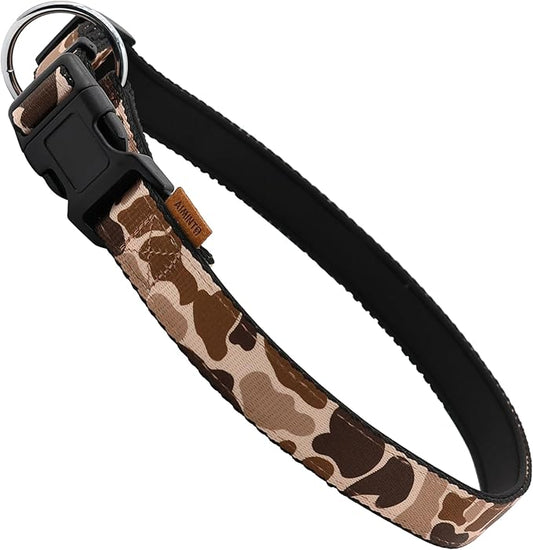 Dog Collar, Cute Floral Pattern, Neoprene Padded and Adjustable Collar with Quick Release Buckle, Reinforced Structure (L (Neck 18-28", Width 1"), Camouflage Brown)