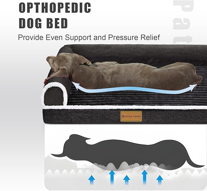 Patas Lague Orthopedic XL Dog Bed for Large Dogs 42''X28'', Waterproof Comfortable L Shaped Big Large Non-Slip Soft Warm Pet Sofa Sleep Bed mat with Removable Washable Cover, Black