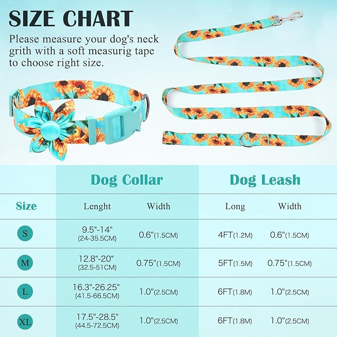 Cute Dog Collar and Leash Set 6 ft/Foot Dog Leash and Collar Adjustable Dog Harness and Leash Set Puppy Collars with Beautiful Floral Bow Tie for Small Medium Large Female Male Dogs,Sunflower-Teal