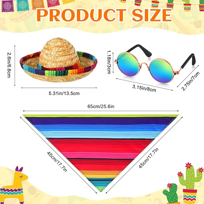 JaGely 4 Pieces Pet Mexican Costume Dog Outfit Accessories Includes Mexican Cinco De Mayo Pet Sombrero Hat, Triangle Dog Bandana Glasses and Tulle Tutu Skirt for Medium Large Pets Mexican Costume