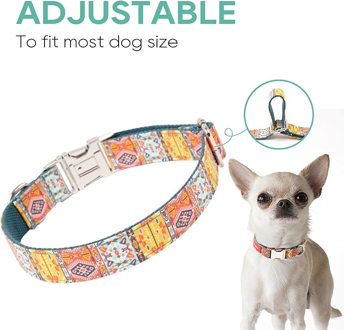Timos Dog Collar, Adjustable Soft Dog Collar for Small Medium Large Dogs, Patterned Puppy Collars with Quick Release Buckle for Boy and Girl Female Dogs (Bohemia Yellow, Small)