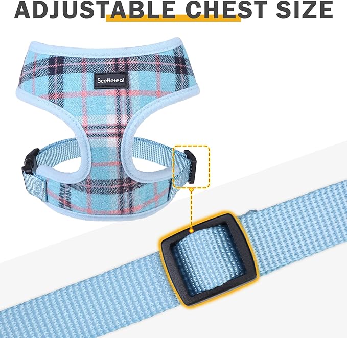 SCENEREAL Puppy Dog Harness with Leash Set for Small Medium Sized Dogs, Soft Mesh Step in Pet Harnesses and Leash, No Chock Plaid Adjustible No Pull Vest for Dogs Cats, Chihuahua,Bulldog (Blue M)