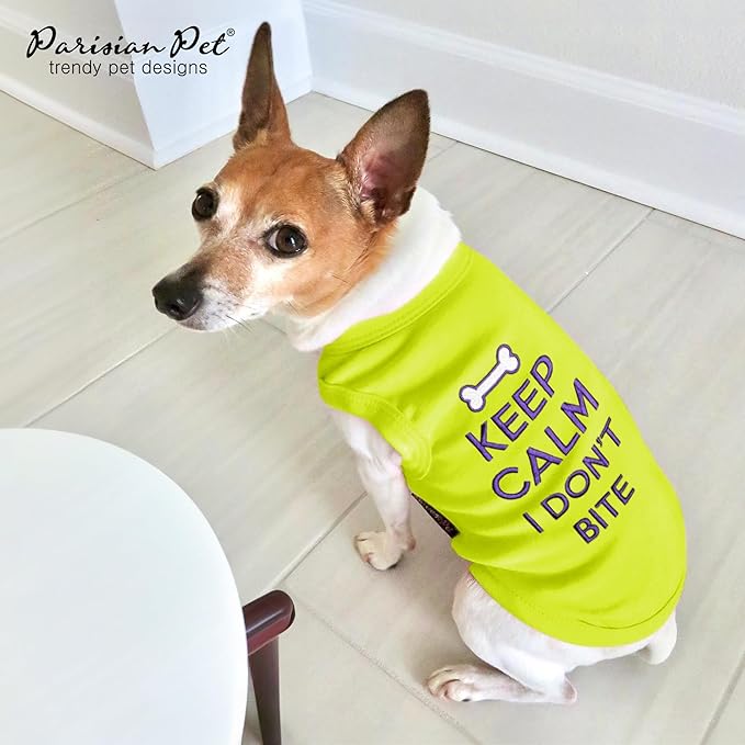 Parisian Pet Dog Tshirt - Embroidered “Keep Calm I Dont Bite “ Dogs Apparel - Breathable and Lightweight Doggy Clothes - Sleeveless Dog Tee Shirts - Machine Washable Shirts for Medium Dogs - M