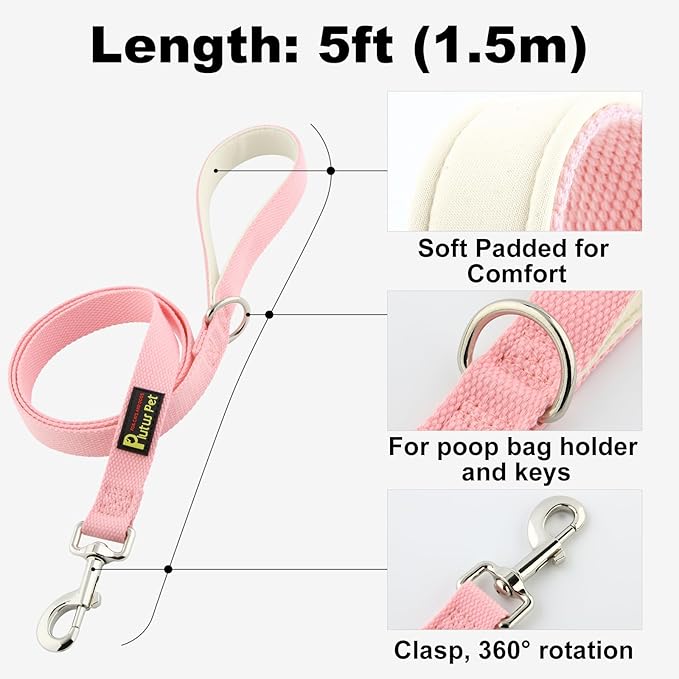 Plutus Pet Cotton Dog Harness and Leash Set, Reflective and Soft Padded, Quick Fit Vest Harness, for Small, Medium and Large Dogs, Pink, L