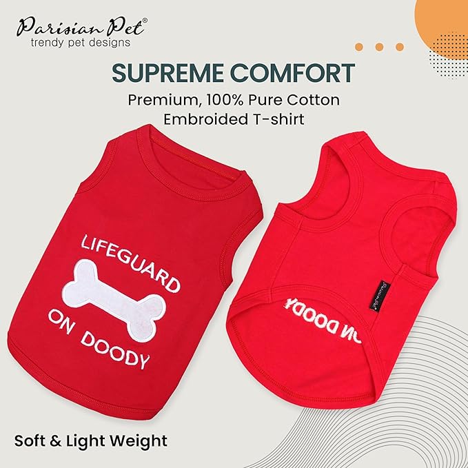 Parisian Pet Dog Tshirt - Embroidered “ Lifeguard on Doody “ Boy Dogs Apparel - Pure Cotton and Lightweight Dog Clothes - Red Doggy Tee Shirts - Machine Washable Shirt for Large Dogs - XL