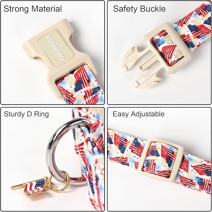 DOGWONG American Flag Dog Collar, Patriotic Independence Day Dog Collar Durable Soft Fabric Pet Dog Collars Boy Puppy Necklace for Small Medium Large Dogs