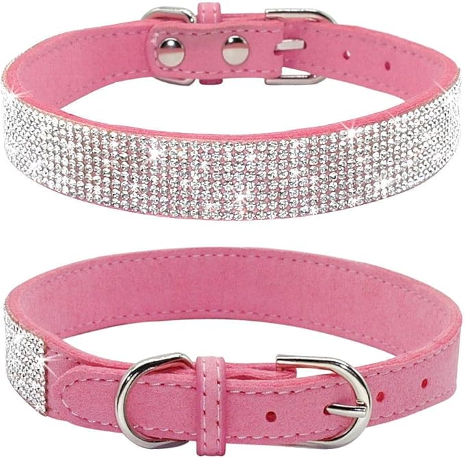 Rhinestone Dog Collar, Cute Dazzling Sparkling Soft Suede Leather Dog Cat Rhinestone Collar Crystal Diamond Pet Dog Puppy Collar(Pink,L 38-46 cm)