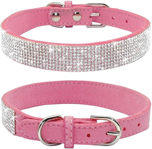 Rhinestone Dog Collar, Cute Dazzling Sparkling Soft Suede Leather Dog Cat Rhinestone Collar Crystal Diamond Pet Dog Puppy Collar(Pink,L 38-46 cm)