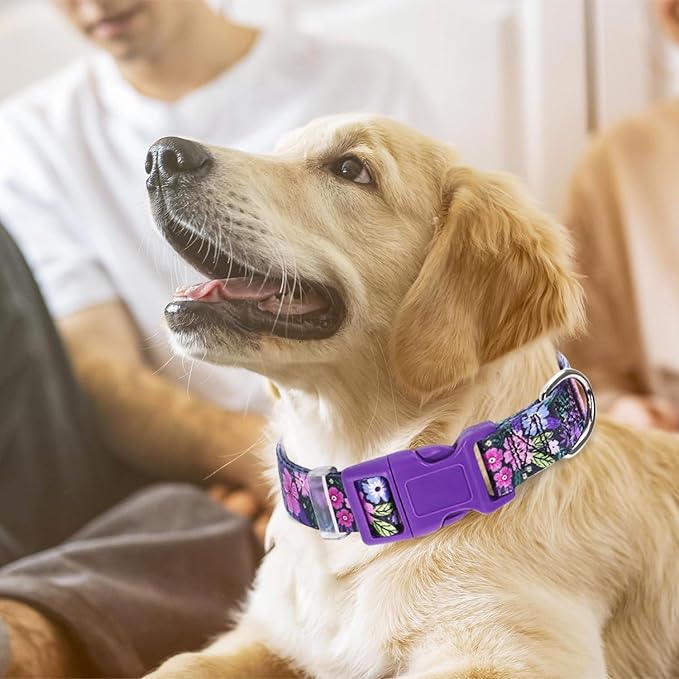 Purple Dog Collars for Medium Dogs，Cute Girl Dog Collar with Boho Flowers Patterns,Adjustable Comfy Soft Durable Pet Cat Collar for XS Small Medium Large Extra Large Dogs