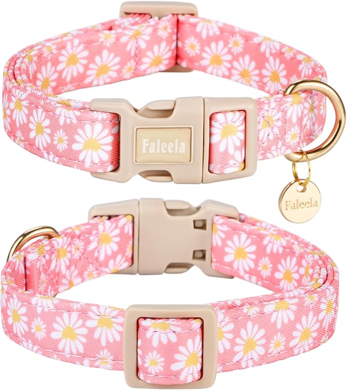 Faleela Dog Collar - Cute & Comfy Cotton Pet Collar, Adjustable Lightweight Design with Quick-Release Buckle, for Small, Medium & Large Dogs - Multiple Styles Available (Pink Flower, Large)