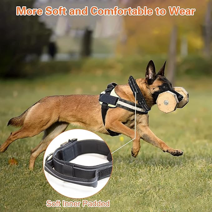 KCUCOP Tactical Dog Collar for Medium & Large Dogs - Military Nylon Heavy Duty Collar with Handle, Reflective Strip & Metal Buckle for Training, Outdoor (Black Reflective, Large)