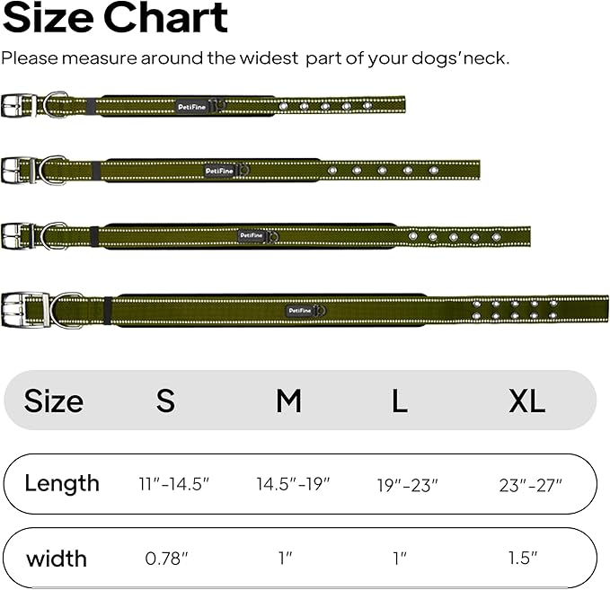 PetiFine Dog Collar for Large Dogs, Neoprene Padded and Adjustable, Reflective Wide Heavy Duty Pet Collars with Durable Metal Belt Buckle for Walking, Green, L