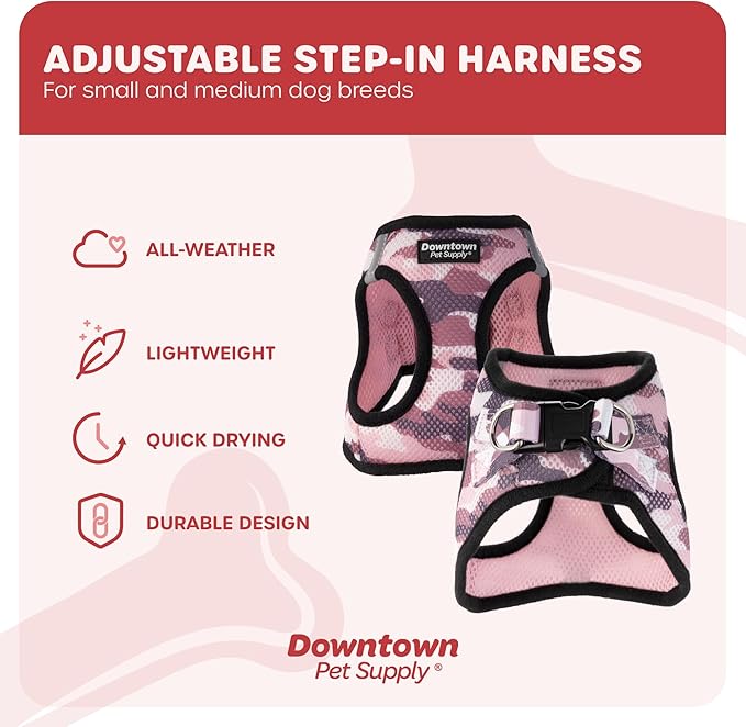 Downtown Pet Supply Step in Dog Harness for Small Dogs No Pull, Small, Camo Pink - Adjustable Harness with Padded Mesh Fabric and Reflective Trim - Buckle Strap Harness for Dogs