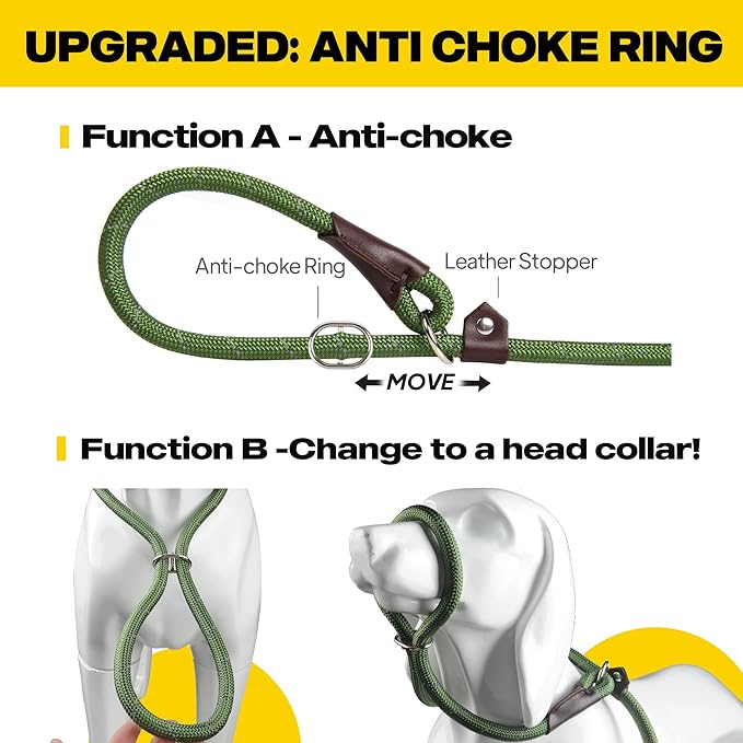 Fida Durable Slip Lead, 6 FT x 1/2" Heavy Duty Loop Leash, Comfortable Strong Rope for Large, Medium Dogs, No Pull Pet Training With Highly Reflective, Green