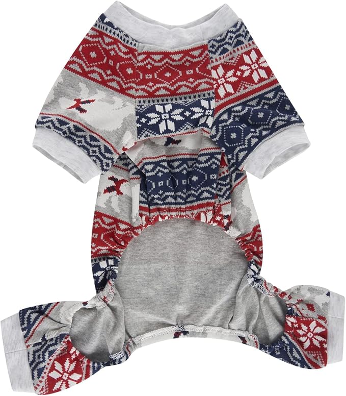 Lanyarco Bear Snowflake Ugly Christmas Clothes for Small Dog Pajamas Onesie PJS for Pet Grey Red Back Length 12"