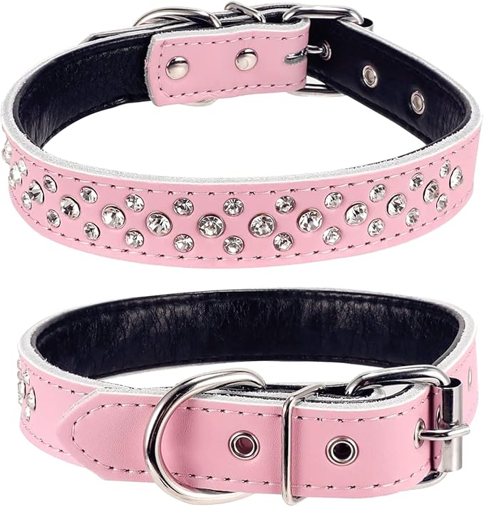 Rhinestone Dog Collar, Adjustable Cute Dazzling Sparkling Soft Leather Dog Collar Crystal Diamond Pet Dog Puppy Collar (M, Pink)