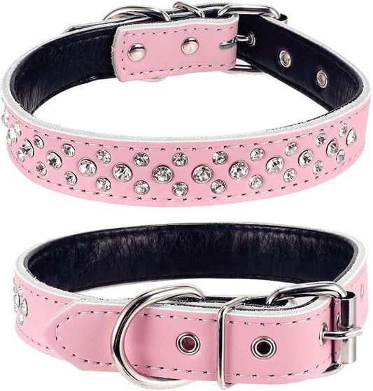 Rhinestone Dog Collar, Adjustable Cute Dazzling Sparkling Soft Leather Dog Collar Crystal Diamond Pet Dog Puppy Collar (L, Pink)