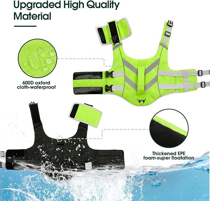 Kuoser Medium Dog Life Jackets - Reflective Swim Vests for Beach & Boating, Green