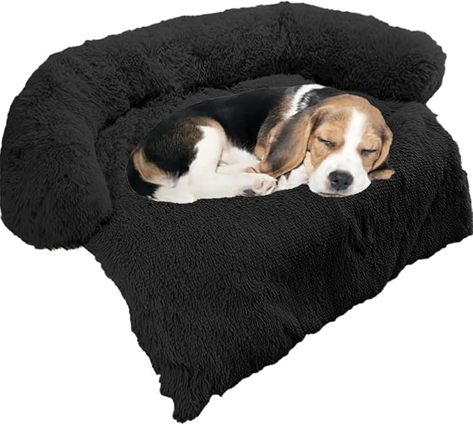 Calming Dog Bed Fluffy Plush Dog Mat for Furniture Protector with Removable Washable Cover for Large Medium Small Dogs and Cats (Small,Black)