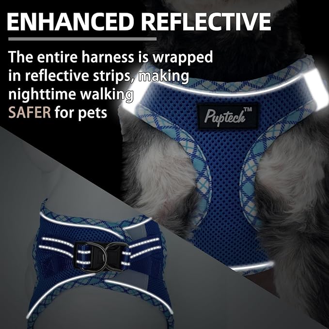 PUPTECK Dog Harness and Leash Set for Small Medium Dogs No Pull Step-in Soft Mesh Puppy Cat Vest Harnesses Reflective at Night, Upgraded New Blue M