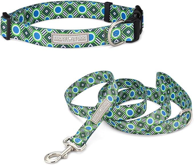 Lucky Love Dog Combo Set, Dog Collar & Leash Set for X-Small Dogs, Colorful Matching Collar and Leash Set for Girl or Boy Dogs, Stripes Leo Combo, XS