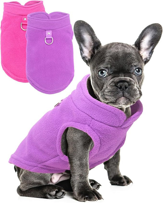 2 Fleece Dog Sweater Vests for Small Dogs - Soft, Warm Pullover with D-Ring, Perfect for Cold Weather; Male or Female, Medium Size (Rose,Purple)