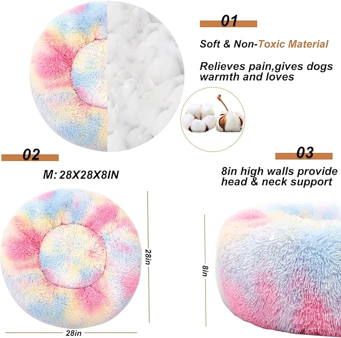 Dog Calming Beds for Small Medium Large Dogs - Round Donut Washable Puppy Dog Bed, Anti-Slip Faux Fur Fluffy Donut Cuddle Anxiety Cat Pet Bed(28'' Color)